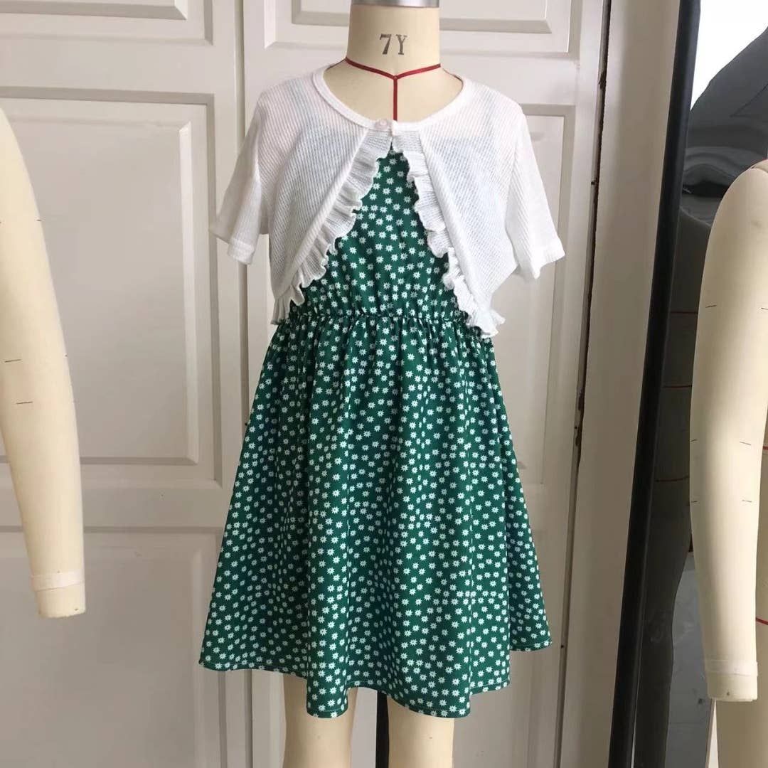 2Pcs Sweet Kid Girls Floral Ruffle Top and Dress Set: Green