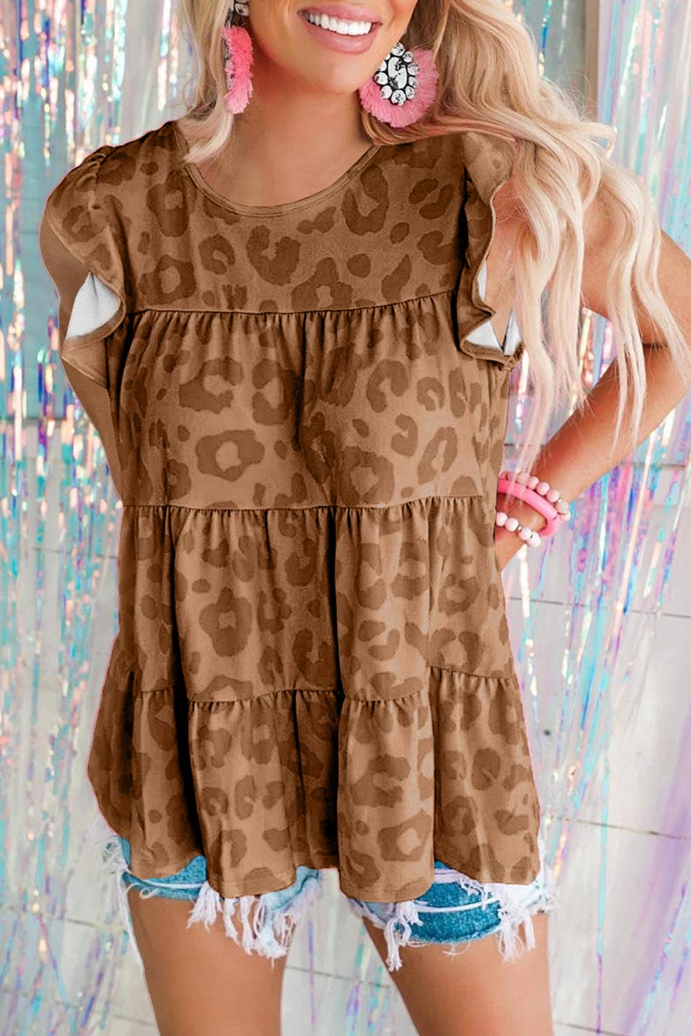 Leopard Print Flutter Sleeve Tiered Tank Top