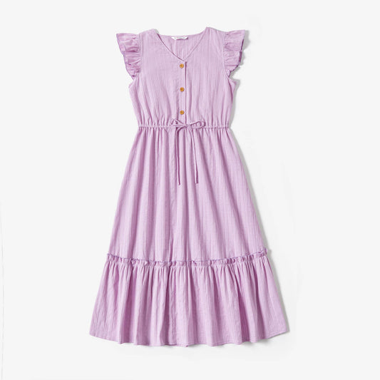 Mommy and Me Purple Button Cotton V-neck Tiered Dress: Light Purple Women