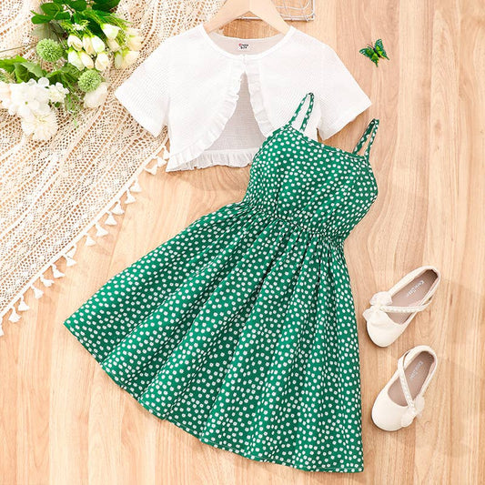 2Pcs Sweet Kid Girls Floral Ruffle Top and Dress Set: Green