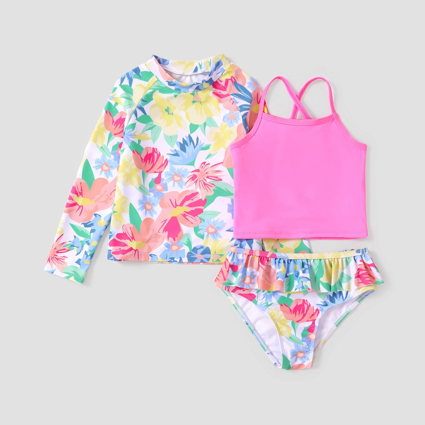 3pcs Kid Girl Sweet Tropical Print Swimsuits Set: Pink