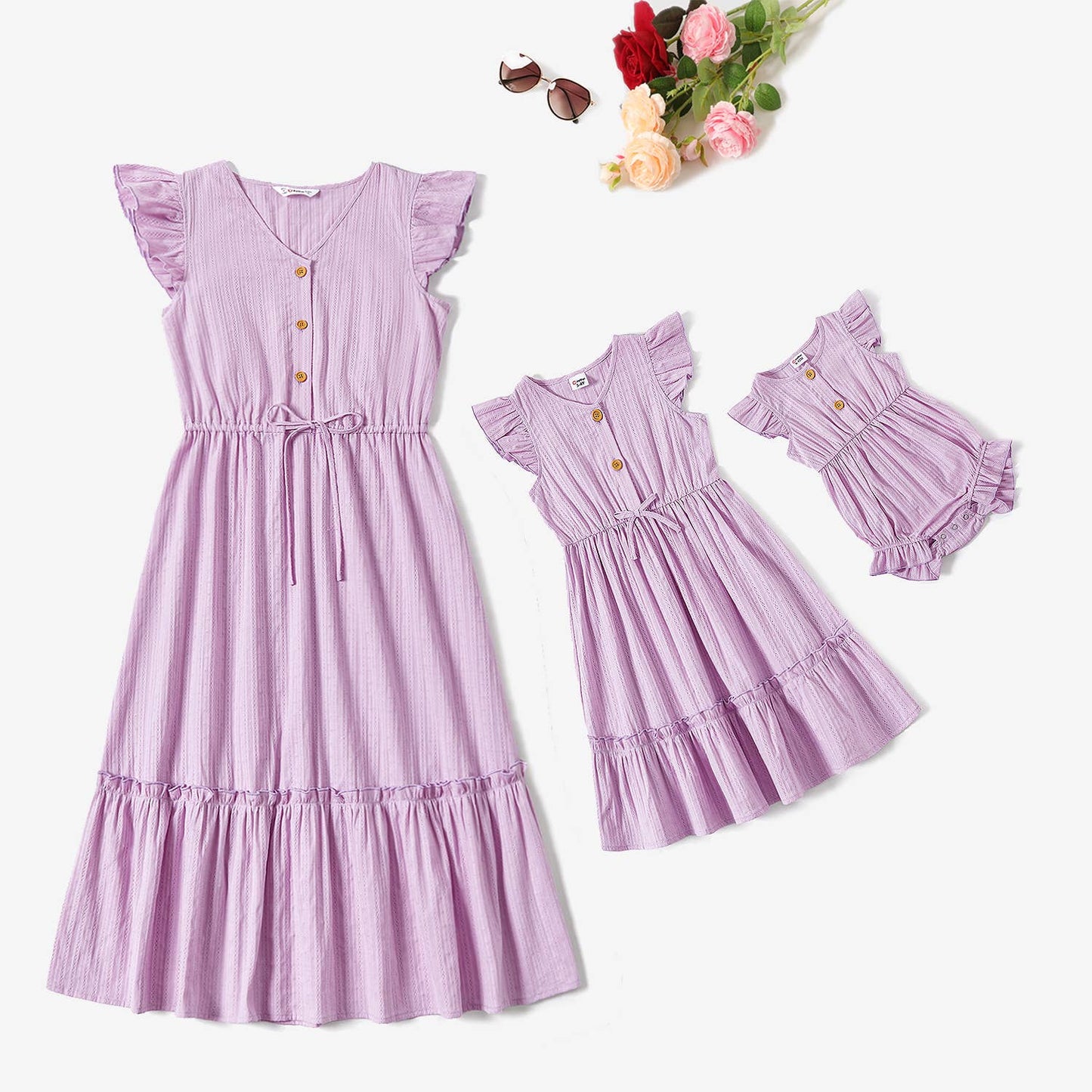 Mommy and Me Purple Button Cotton V-neck Tiered Dress: Light Purple Girls