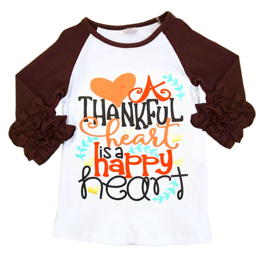 Girls Thankful Heart Ruffle Raglan Tshirt