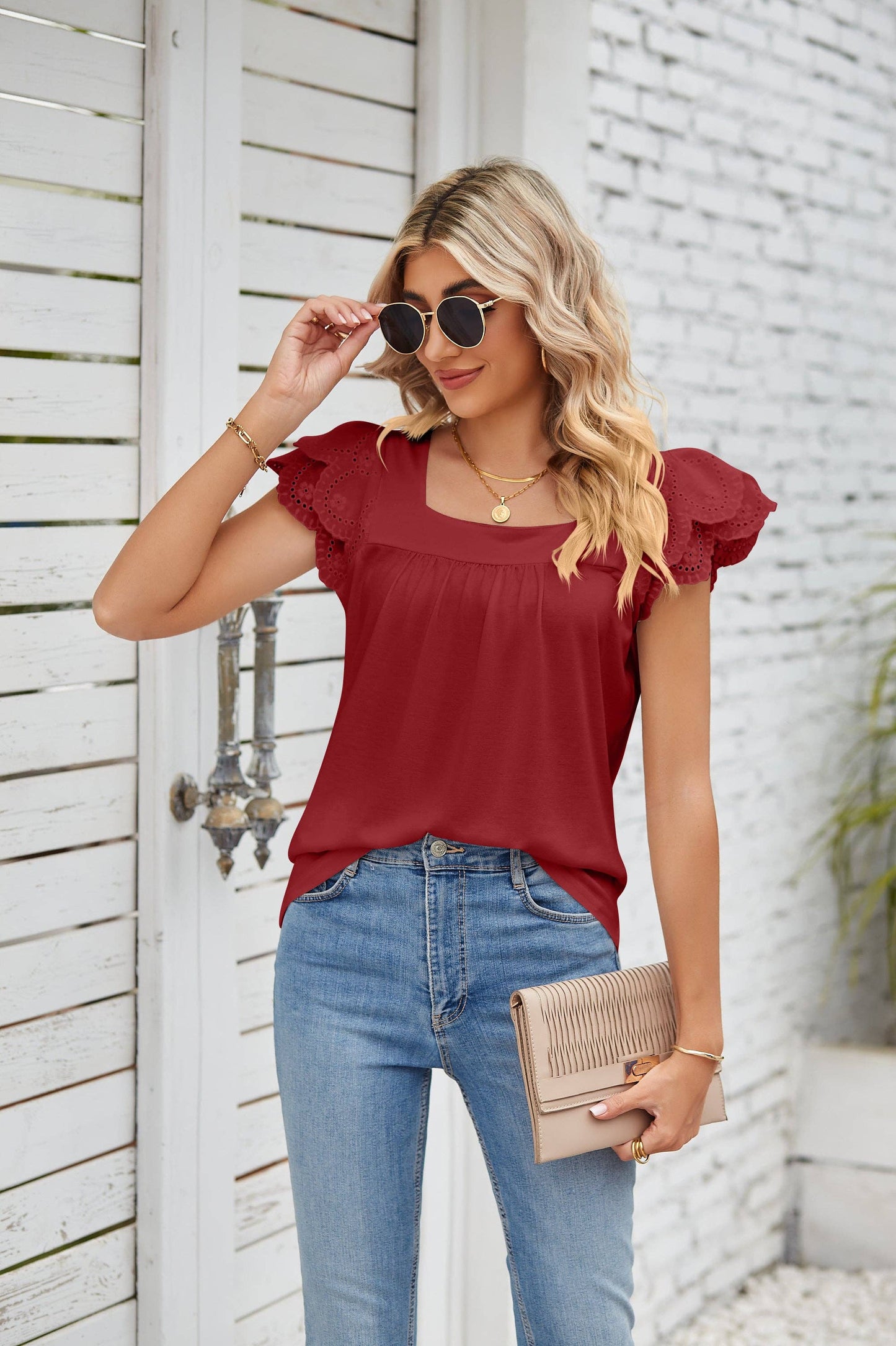 Lace Stitching Square Collar Petals Short-Sleeved T-Shirt: Pink