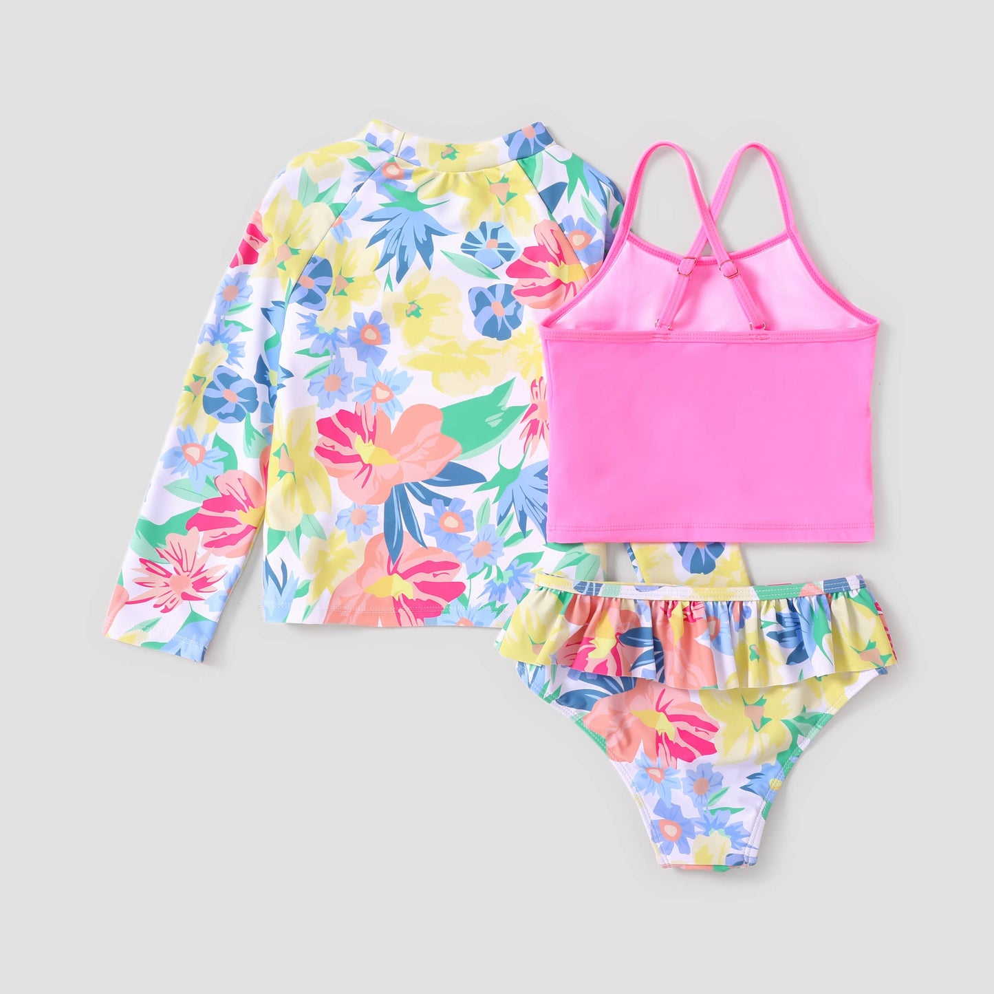 3pcs Kid Girl Sweet Tropical Print Swimsuits Set: Pink