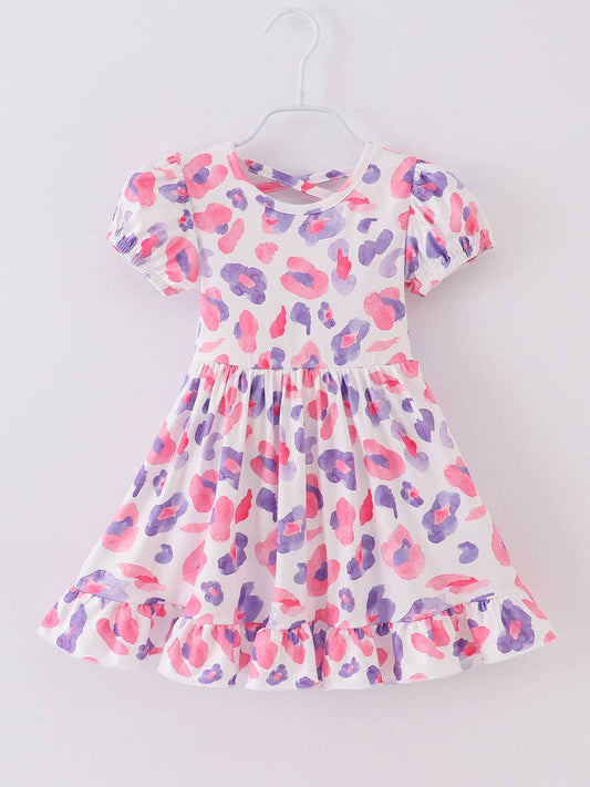 Spring Kids Clothes Pink Purple Leopard Girl Twirl Dress